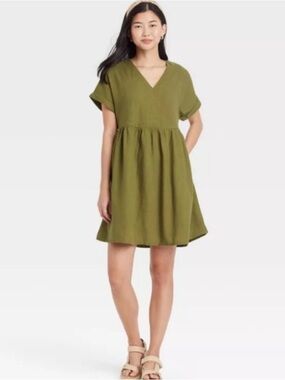 Olive V-Neck | Short Sleeve | Mini Dress | Linen | Medium